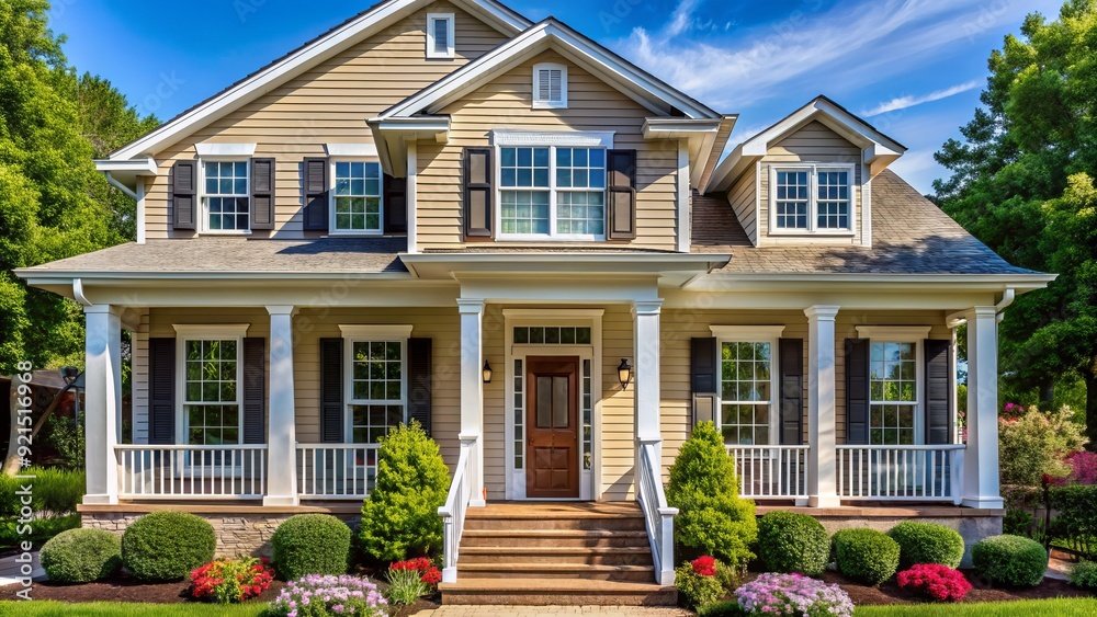Cozy suburban home with a bright and inviting front facade featuring a large window with white shutters and a welcoming porch with a potted plant.